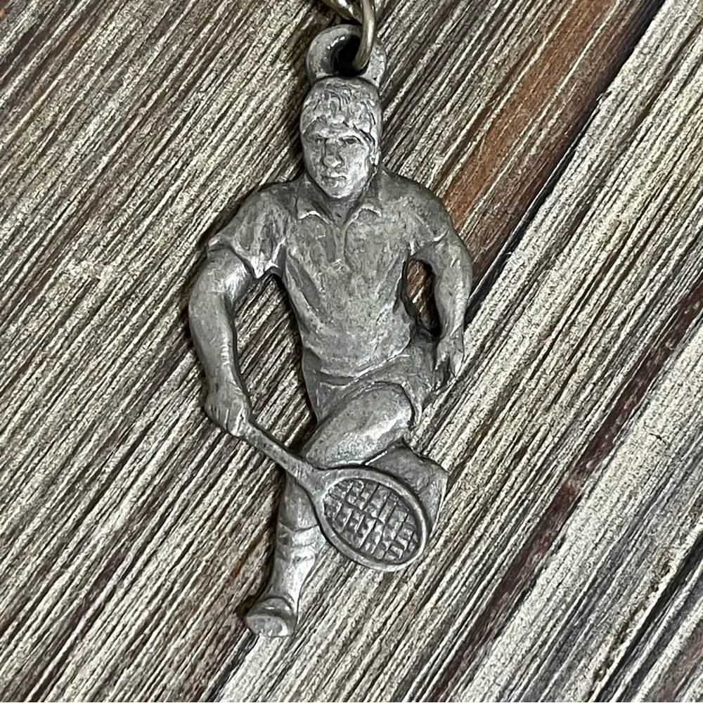 Vintage Radcliffe Pewter 1983 Tennis Male Player Keychain I Love Tennis P Davis